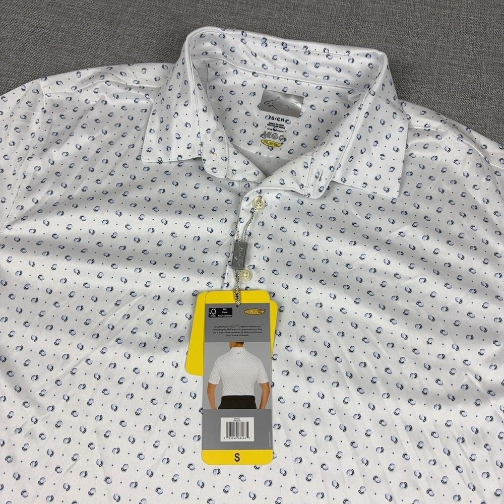 Greg Norman ML75 Polo Shirt Mens S White Polka Dot PlayDry Golf Short Sleeve